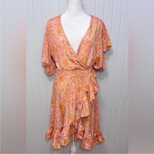 Chic Floral Midi Wrap Dress in Orange and Pink